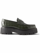 CELINE - Exaggerated-Sole Croc-Effect Leather Loafers - Green