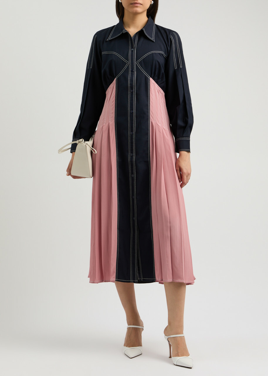 Lovebirds Colour-blocked Silk and Twill Midi Shirt Dress Navy