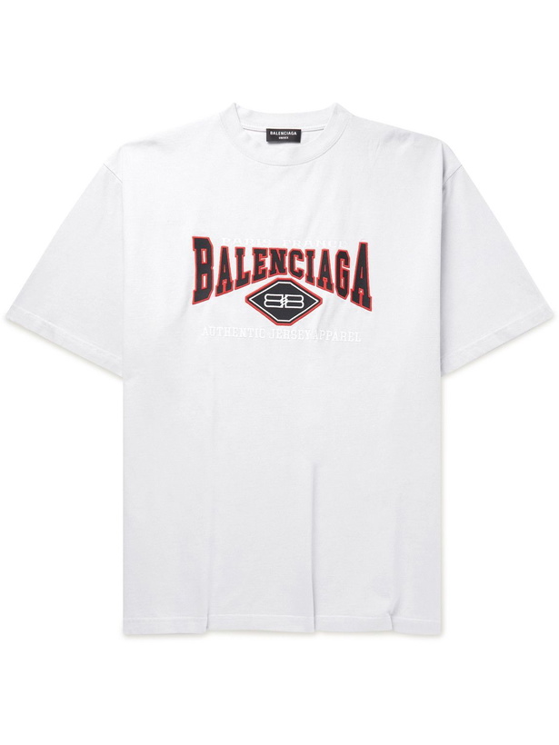 Photo: Balenciaga - Oversized Logo-Embroidered Cotton-Jersey T-Shirt - Neutrals