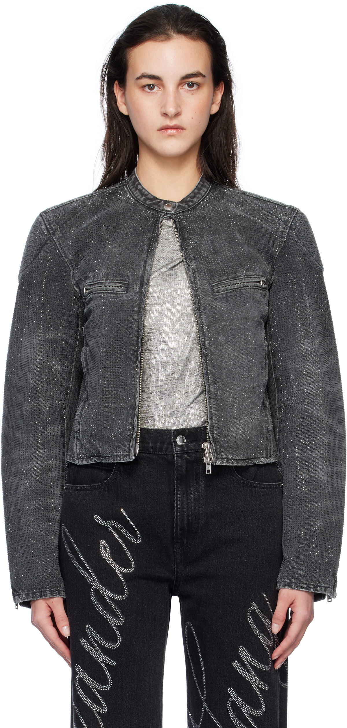 Alexander Wang Gray Crystal Hotfix Moto Denim Jacket