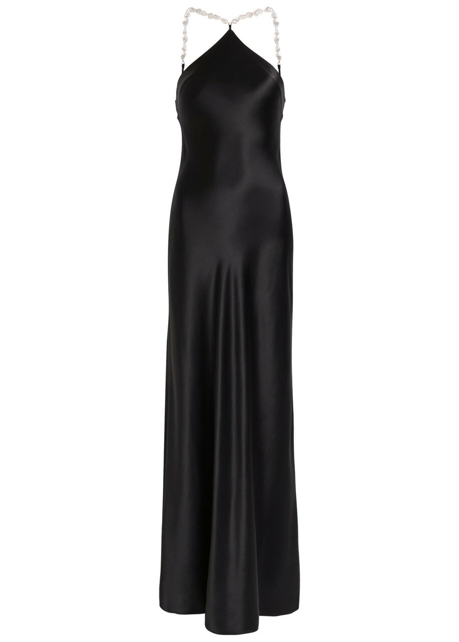 Staud Cadence Faux Pearl-embellished Satin Maxi Dress Black