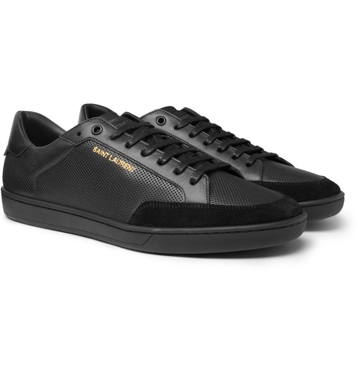 Photo: SAINT LAURENT - SL/10 Suede-Trimmed Perforated Leather Sneakers - Black