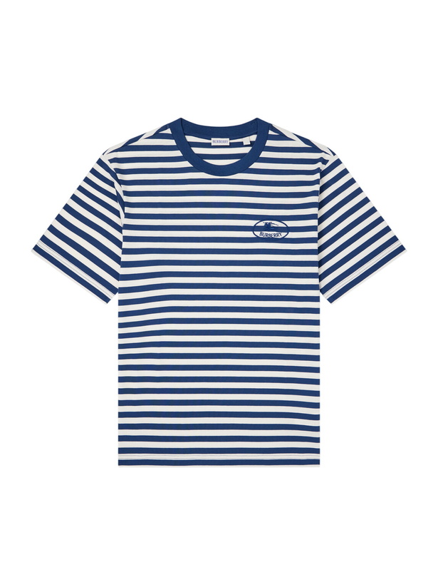 Photo: Burberry - Ryan Logo-Embroidered Striped Cotton-Blend Jersey T-Shirt - Blue