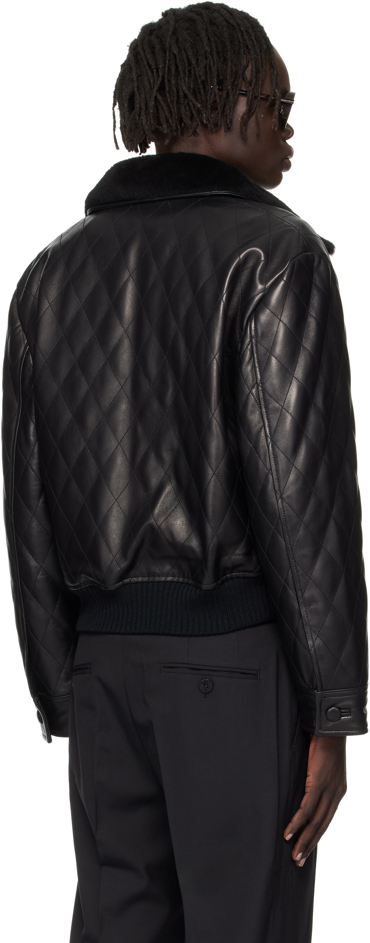 Ernest W. Baker Black Quilted Leather Bomber Jacket