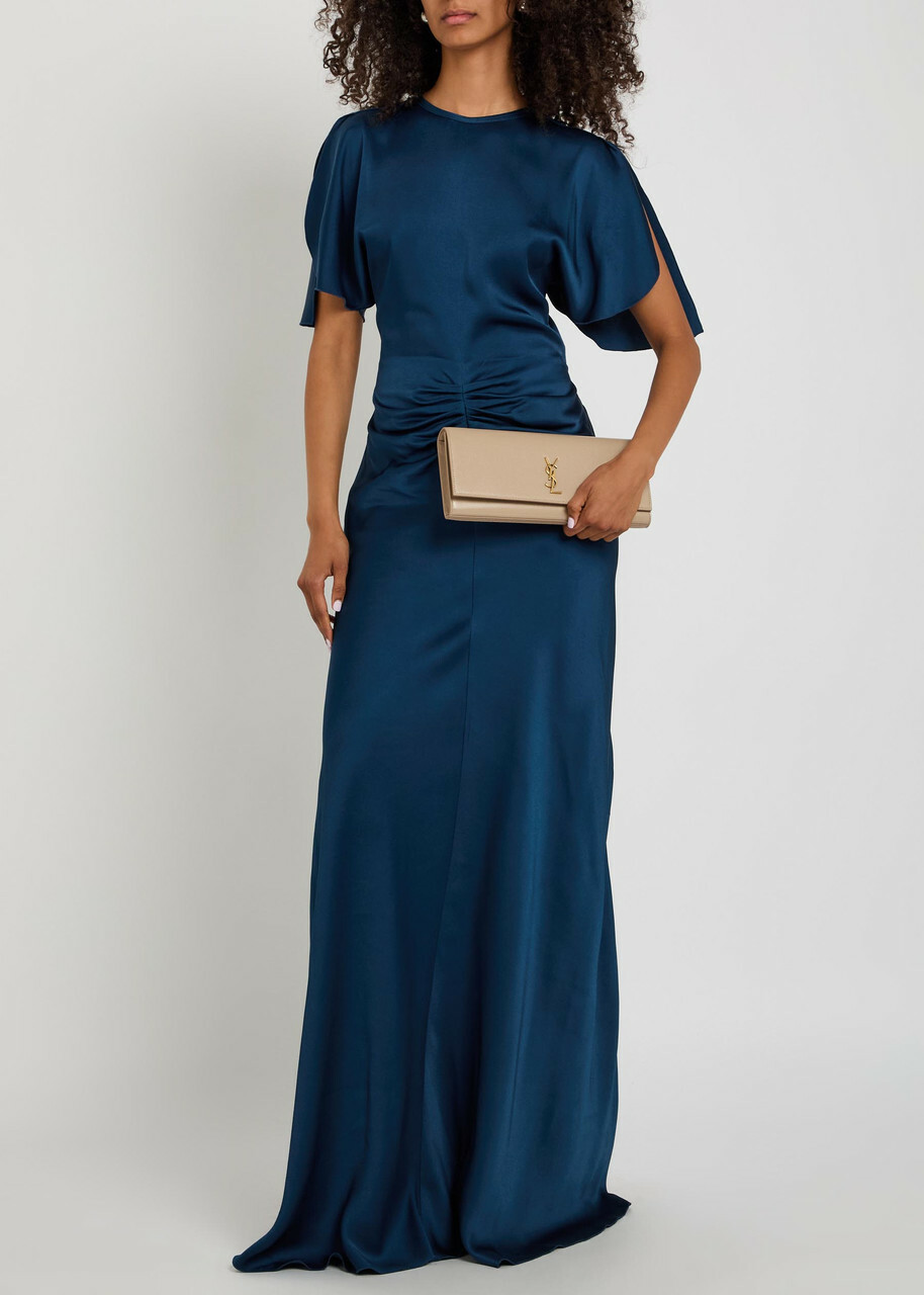 Victoria Beckham Isabella Gathered Satin-crepe Gown Dark Blue