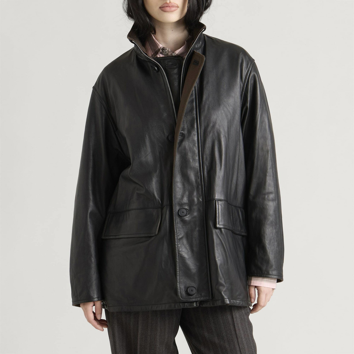 Auralee Women's Reversible Coat in Brown Chambray/Black