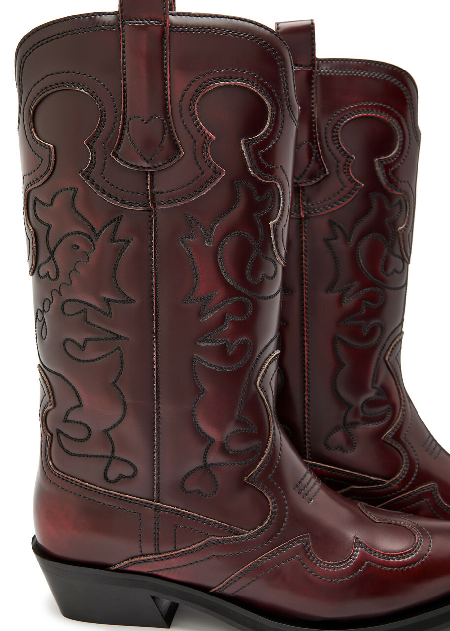 Ganni Embroidered Faux Leather Mid-calf Western Boots Burgundy