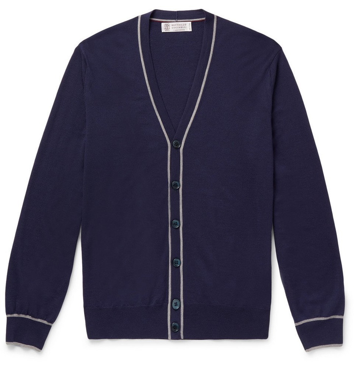 Photo: Brunello Cucinelli - Contrast-Tipped Wool and Cashmere-Blend Cardigan - Navy