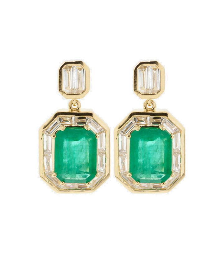 Photo: Shay Jewelry Halo 18kt gold drop earrings with emeralds and diamonds