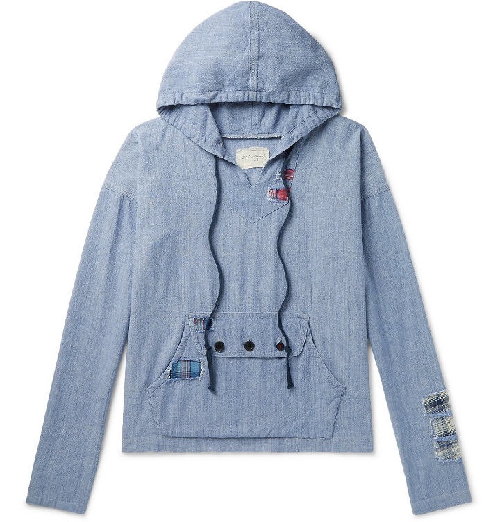 Photo: Greg Lauren - Distressed Patchworked Cotton-Chambray Hoodie - Blue