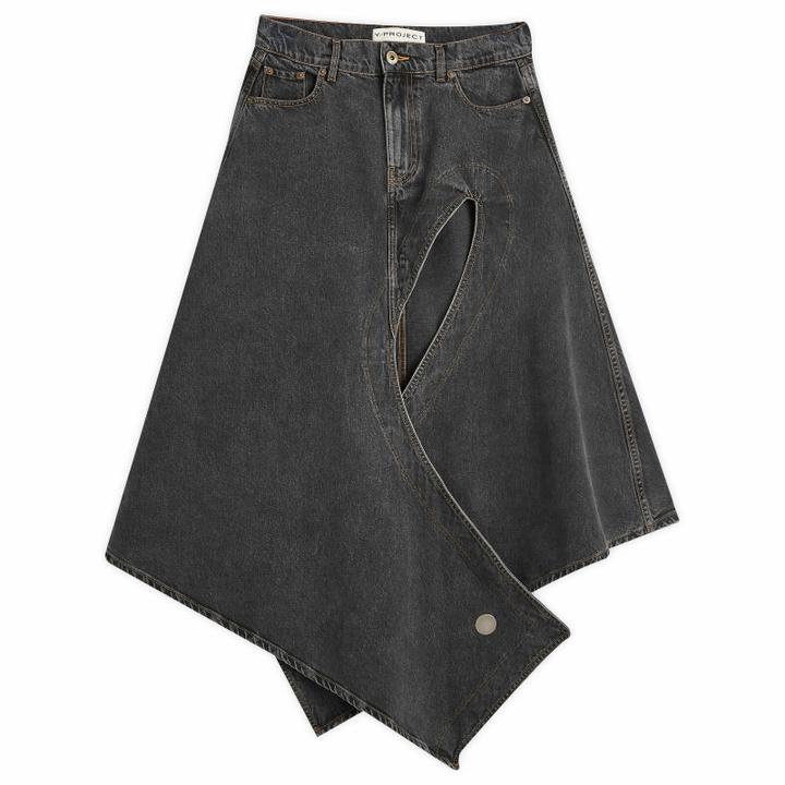 Photo: Y/Project Women's Evergreen Cut Out Denim Skirt in Green/Black