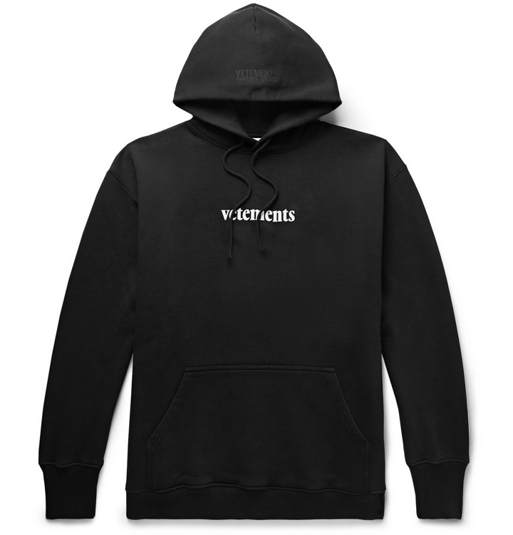 Photo: Vetements - Appliquéd Logo-Print Loopback Cotton-Jersey Hoodie - Black