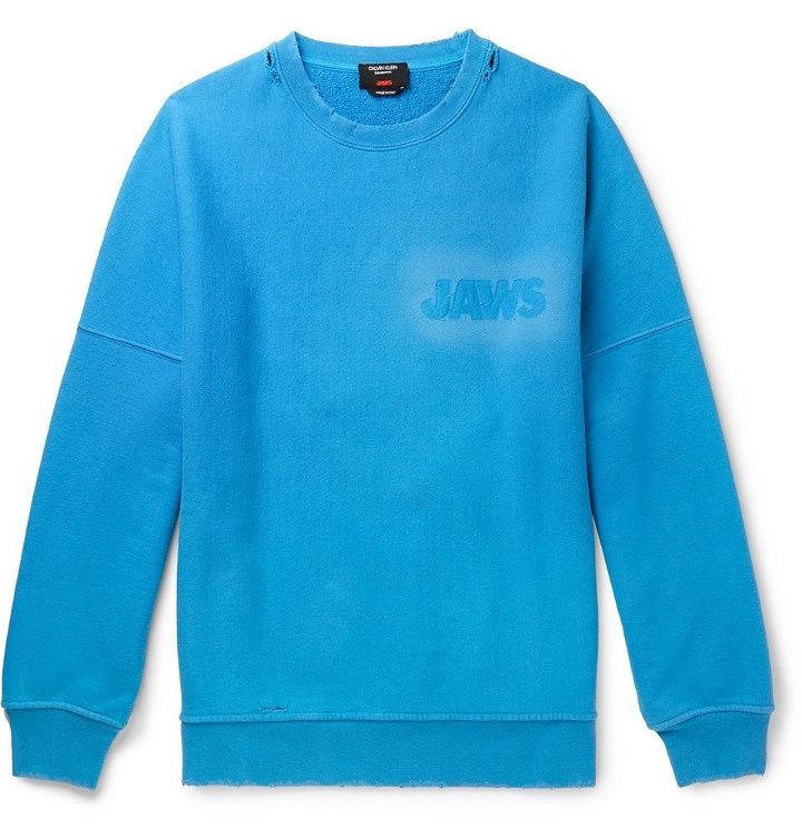 Photo: CALVIN KLEIN 205W39NYC - Oversized Distressed Loopback Cotton-Jersey Sweatshirt - Light blue