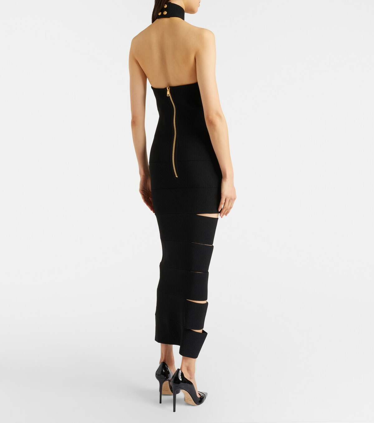 Balmain Cutout ribbed-knit gown