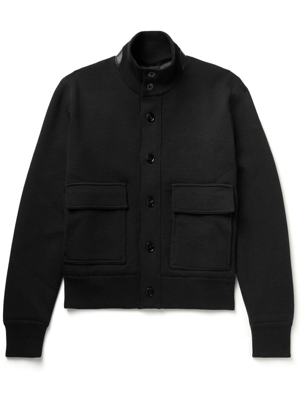 Photo: TOM FORD - Leather-Trimmed Ribbed Wool Cardigan - Black