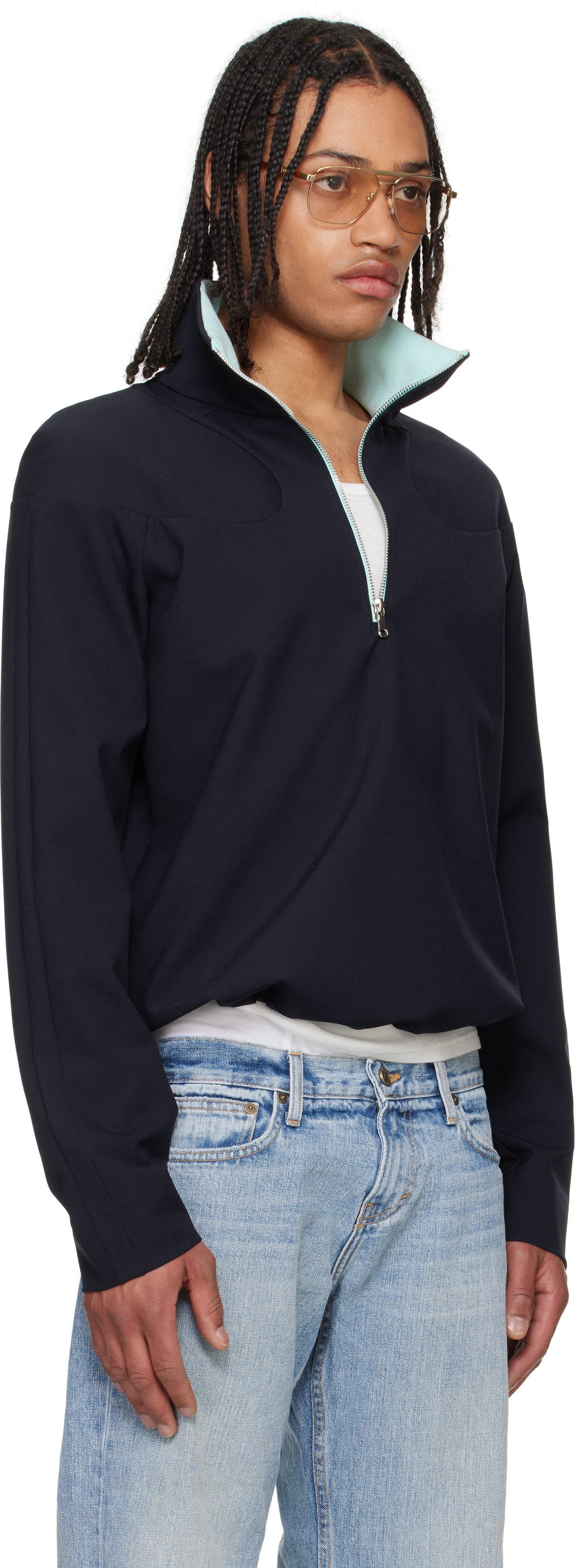 Raimundo Langlois Navy Padded Shoulder Quarter Zip Sweatshirt