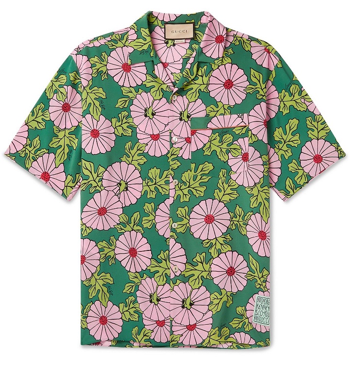 Photo: GUCCI - Ken Scott Camp-Collar Floral-Print Silk-Crepe Shirt - Green