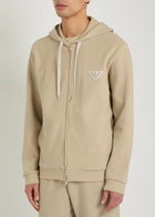 Emporio Armani Hooded Zip-through Piqué Cotton-blend Sweatshirt Beige