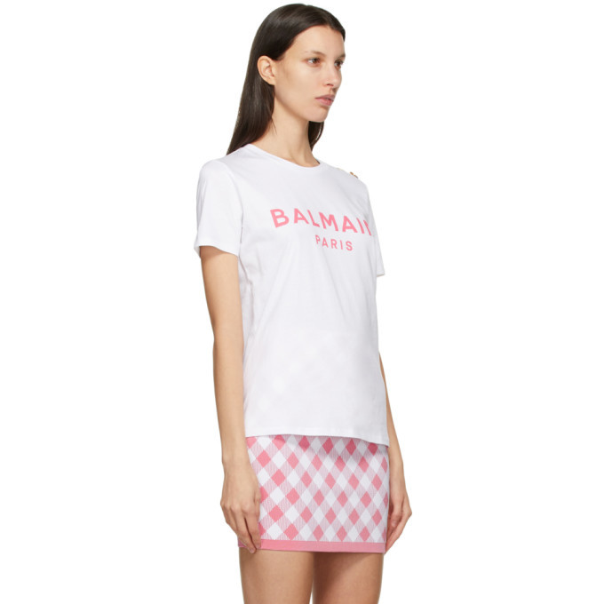 Balmain White and Pink Button Logo T-Shirt Balmain