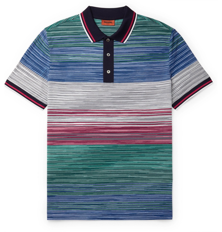 Photo: Missoni - Striped Space-Dyed Crochet-Knit Cotton Polo Shirt - Blue