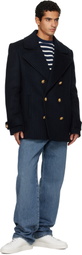 Balmain Navy Short Striped Wool Pea Coat