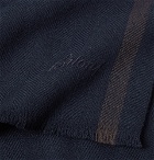 Brioni - Logo-Embroidered Striped Herringbone Wool Scarf - Navy