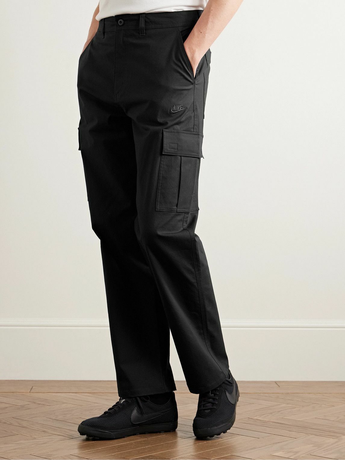 Nike - Club Straight-Leg Logo-Embroidered Cotton-Blend Ripstop Cargo Trousers - Black