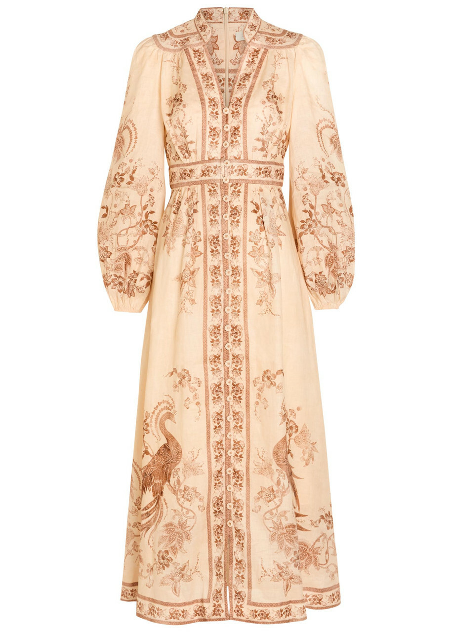 Zimmermann Indra Printed Plunge Linen Midi Dress Cream