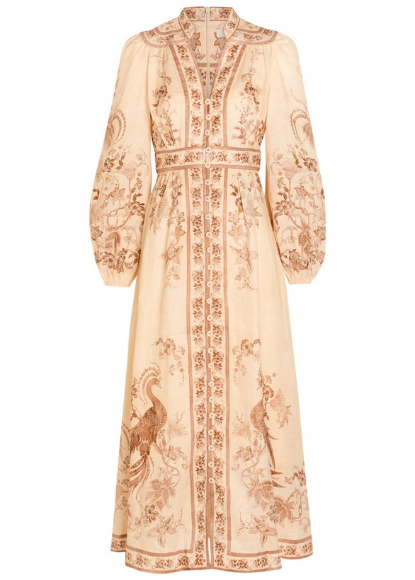 Photo: Zimmermann Indra Printed Plunge Linen Midi Dress Cream