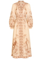 Zimmermann Indra Printed Plunge Linen Midi Dress Cream