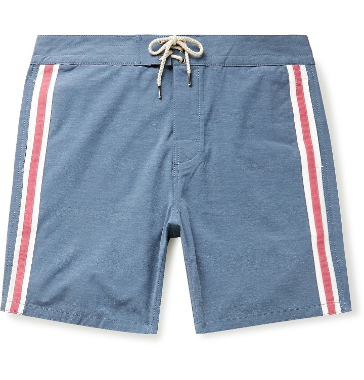 Photo: Faherty - Retro Surf Mid-Length Striped Swim Shorts - Blue