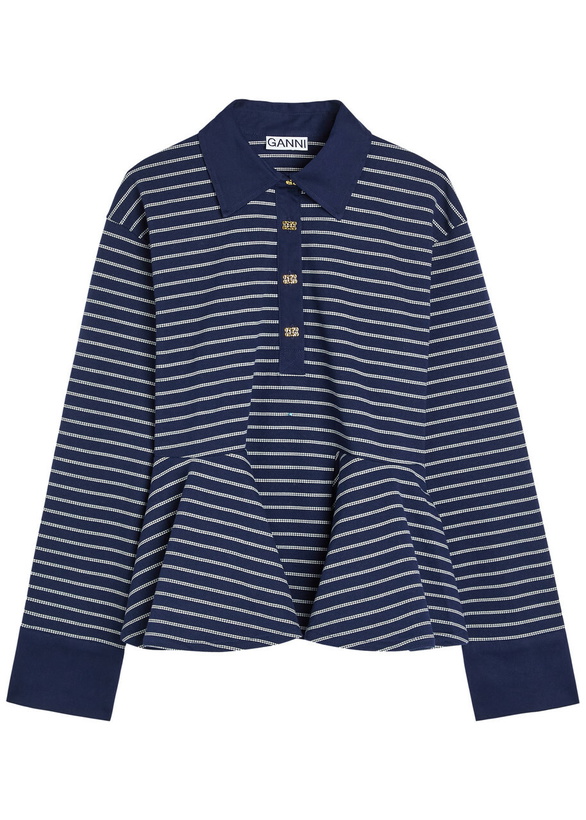 Photo: Ganni Striped Peplum Piqué Cotton Polo Shirt Navy