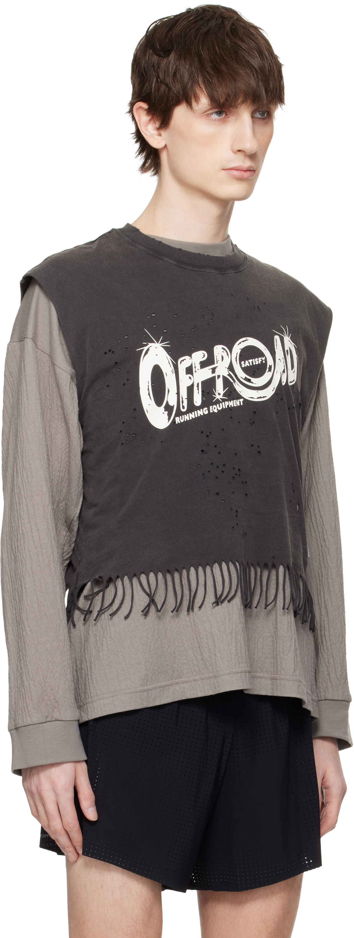 SATISFY ブラック タンクトップ Satisfy Black MothTech Cropped Fringe Tank Top Satisfy