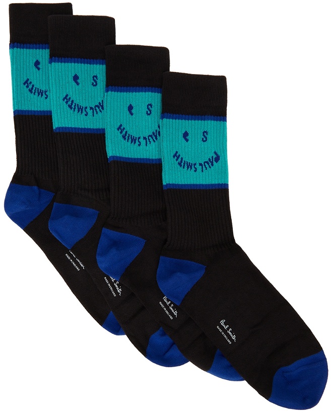 Photo: PS by Paul Smith Four-Pack Black & Blue PS Face Socks