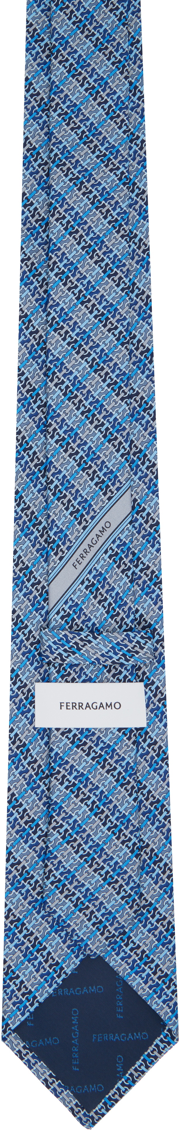 Ferragamo Blue Gancini Chain Print Silk Tie