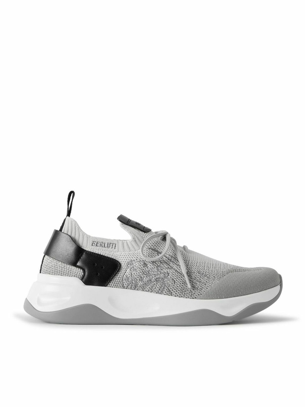 Photo: Berluti - Shadow Leather-Trimmed Stretch-Knit Sneakers - Gray
