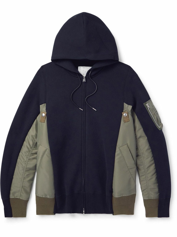 Photo: Sacai - MA-1 Nylon-Trimmed Cotton-Blend Jersey Zip-Up Hoodie - Blue