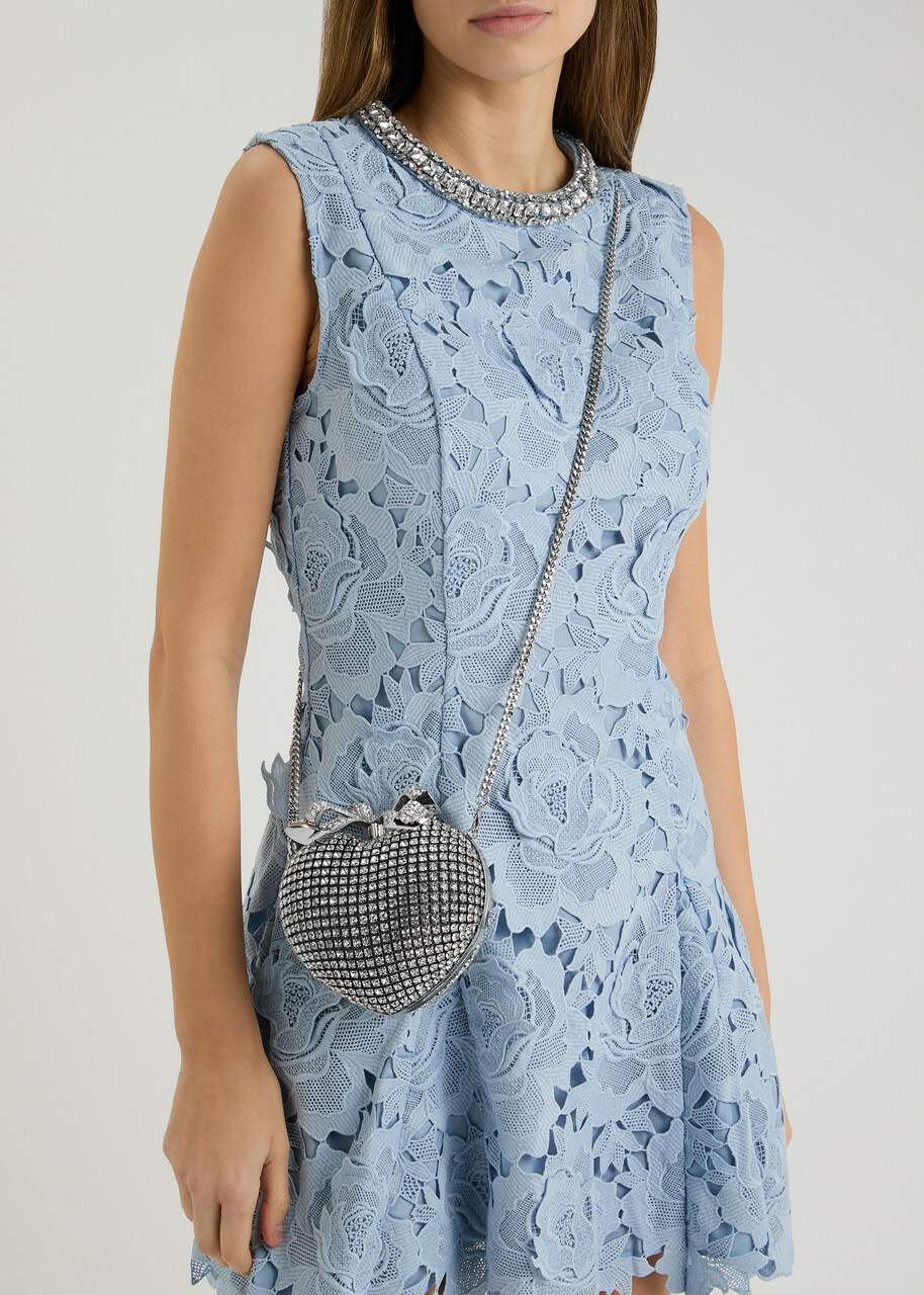 Self-portrait Heart Crystal-embellished Satin Clutch - Silver - One Size