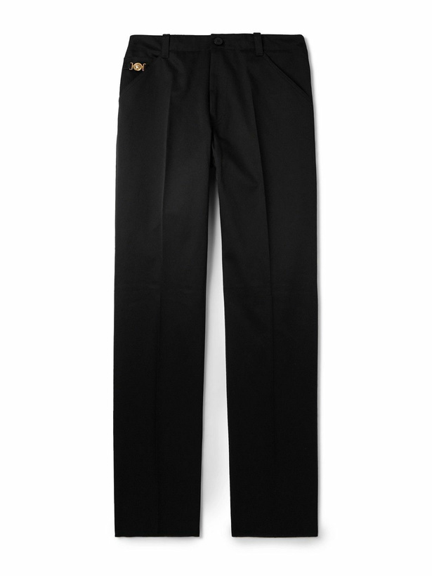Photo: Versace - Straight-Leg Embellished Cotton-Gabardine Trousers - Black