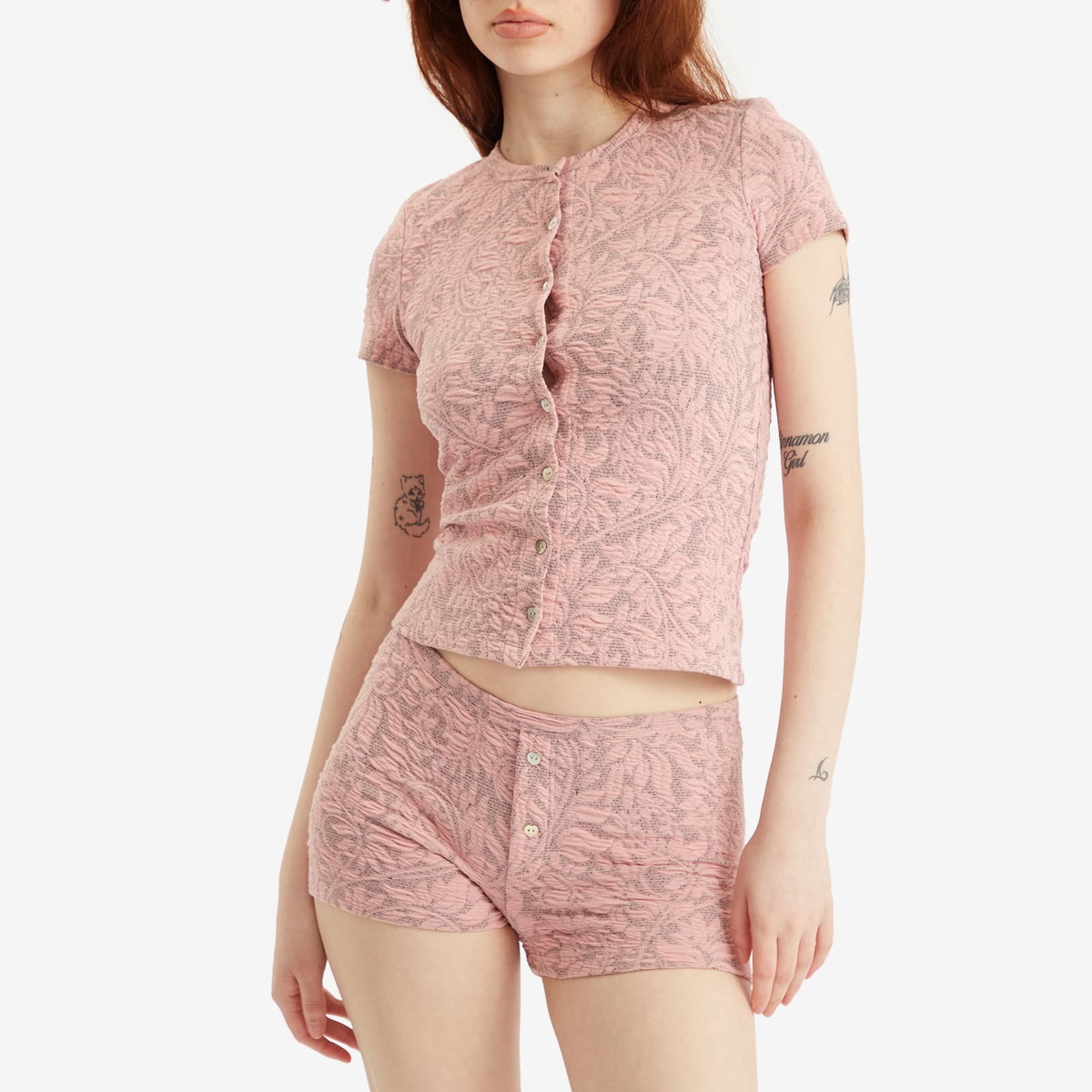 Fruity Booty Women's Posy Jaquard Short Sleeve Top in Pink/Grey