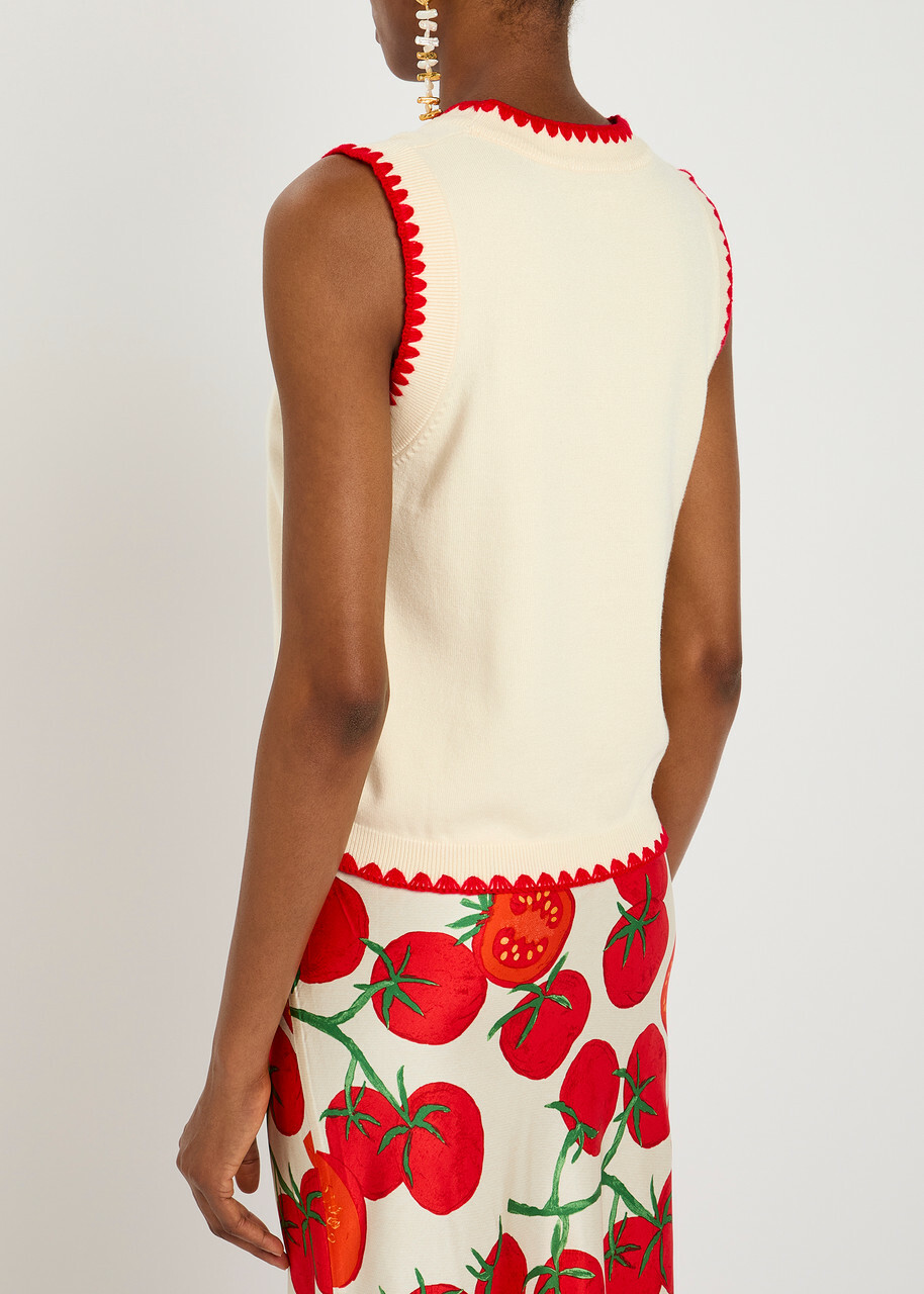 Never Fully Dressed Tomato Embroidered Knit Vest Cream