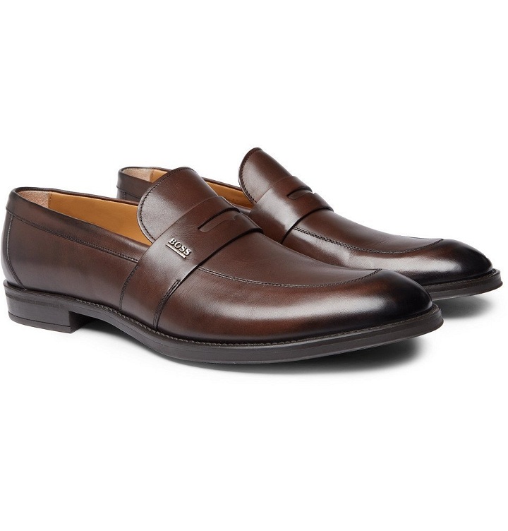 Photo: Hugo Boss - Coventry Burnished-Leather Penny Loafers - Brown