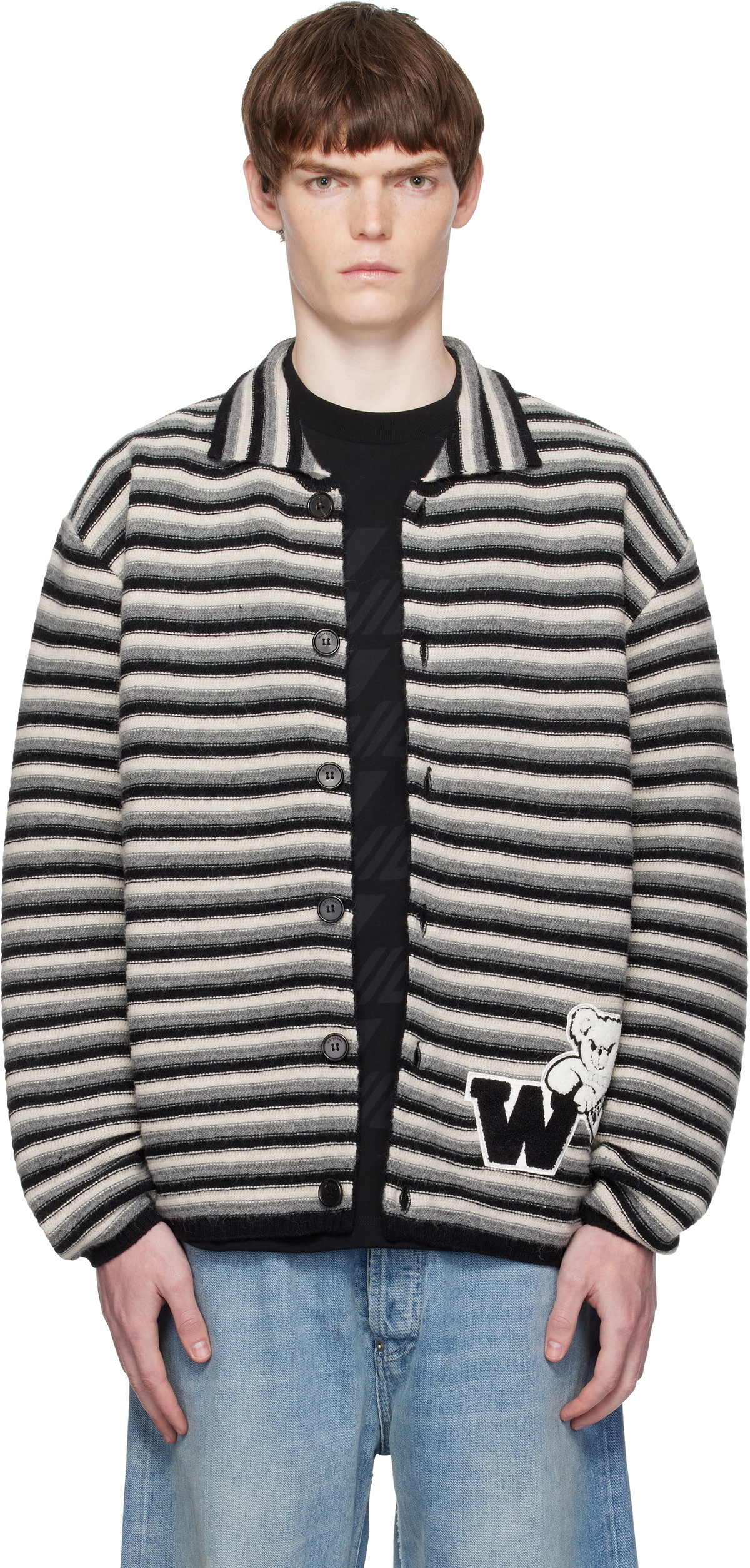 We11done Multicolor Black Stripe Embroidered Cardigan