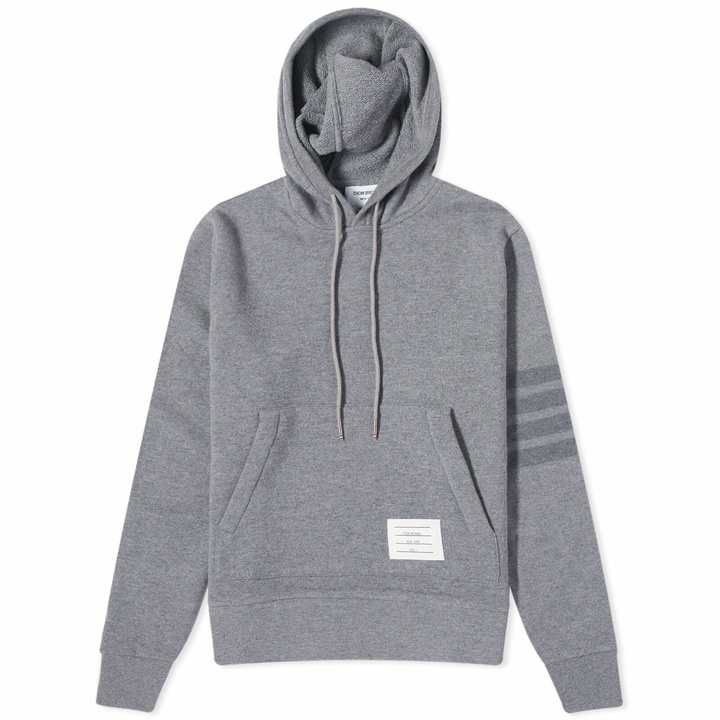 Photo: Thom Browne Men's Tonal 4 Bar Knitted Hoodie in Light Grey