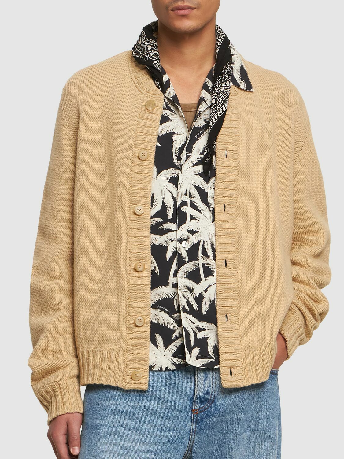 PALM ANGELS - Curved Logo Wool Blend Cardigan