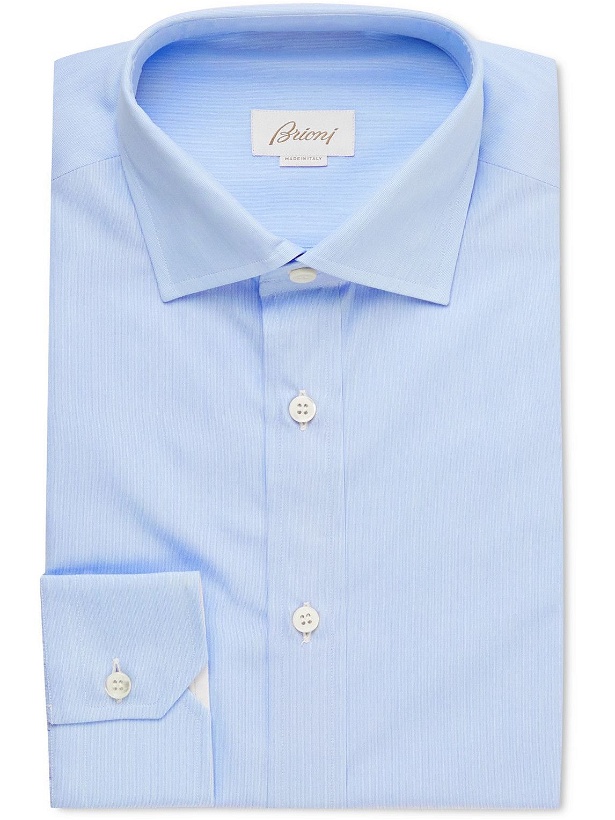 Photo: Brioni - Slim-Fit Cutaway-Collar Pinstriped Cotton Shirt - Blue