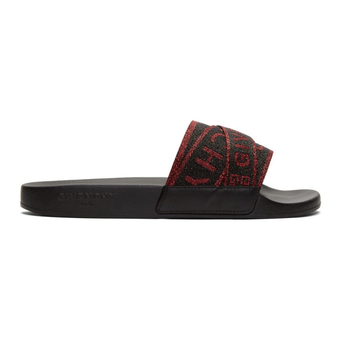 Photo: Givenchy Black and Red Glitter Flat Pool Slides