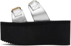 Moschino Silver Lettering Logo Laminated Wedge Sandals