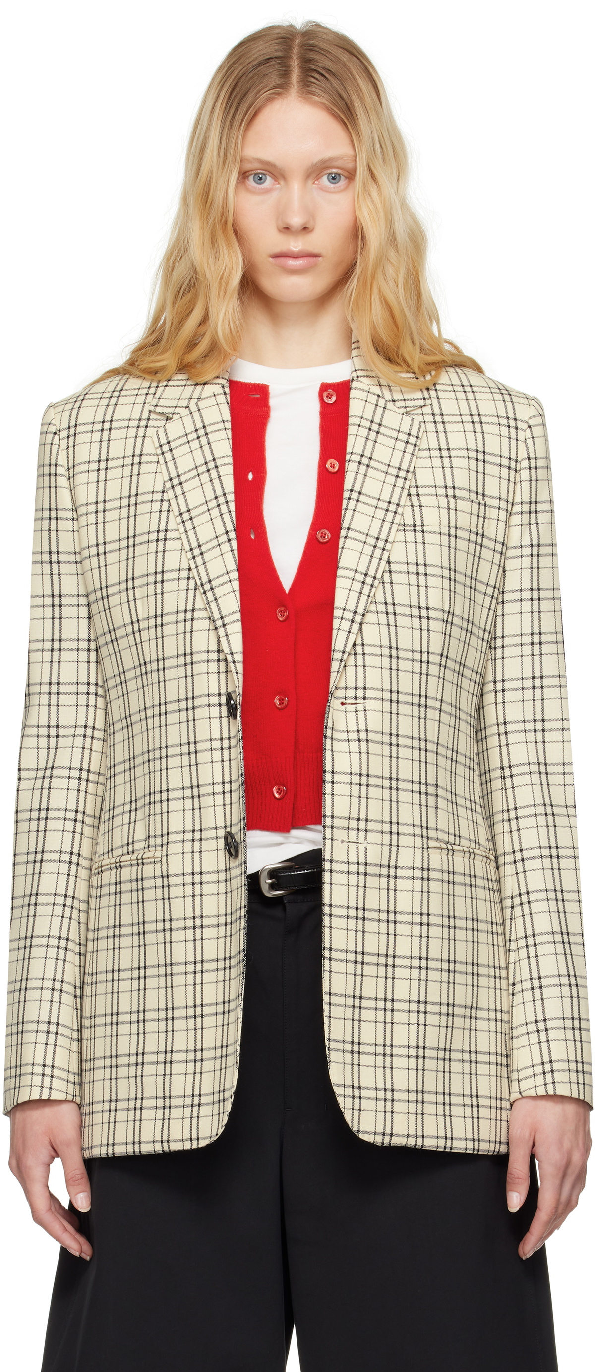 AMI Paris Beige Checked Wool Semi-Lined Blazer