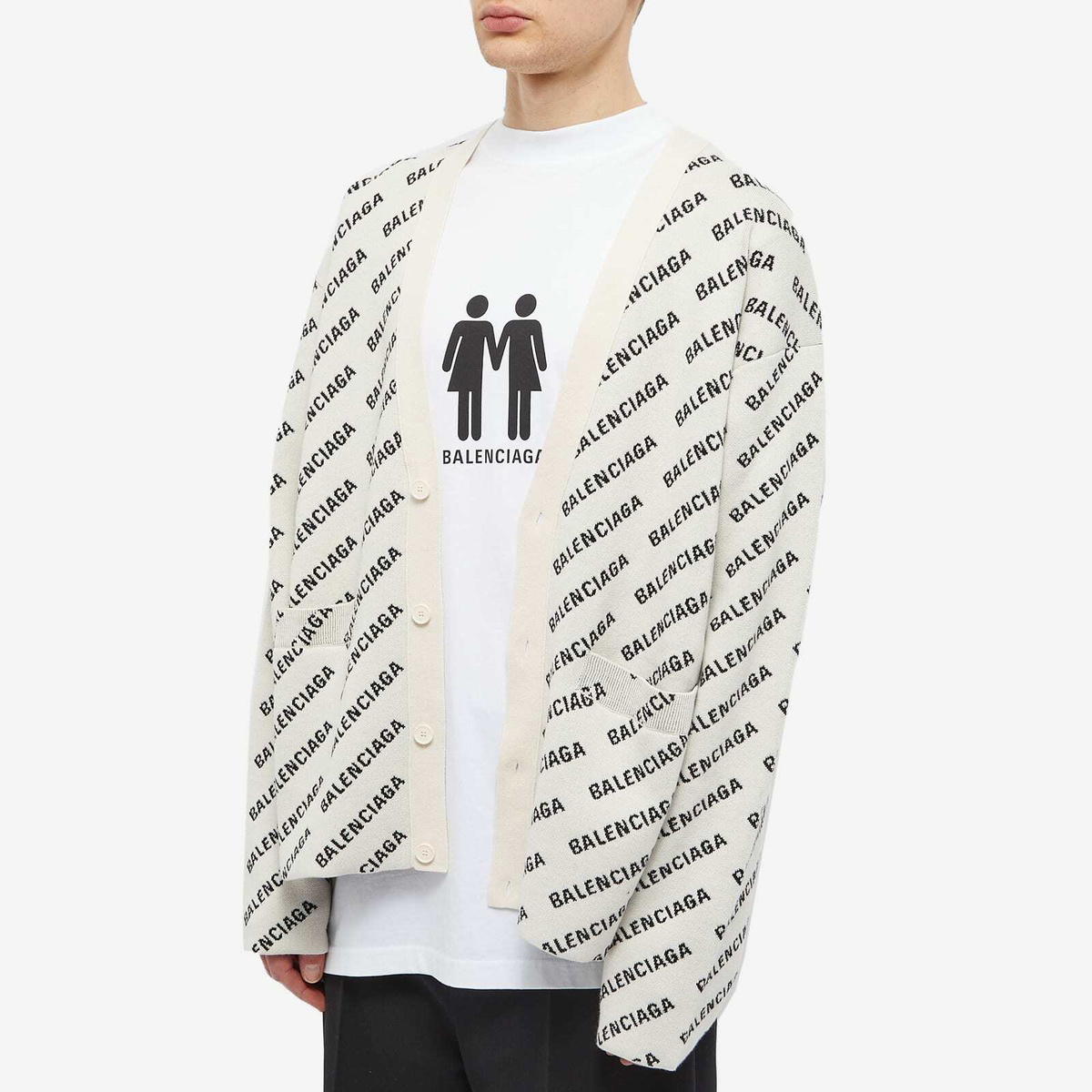Balenciaga Men's All Over Logo Cardigan in Chalky White/Black